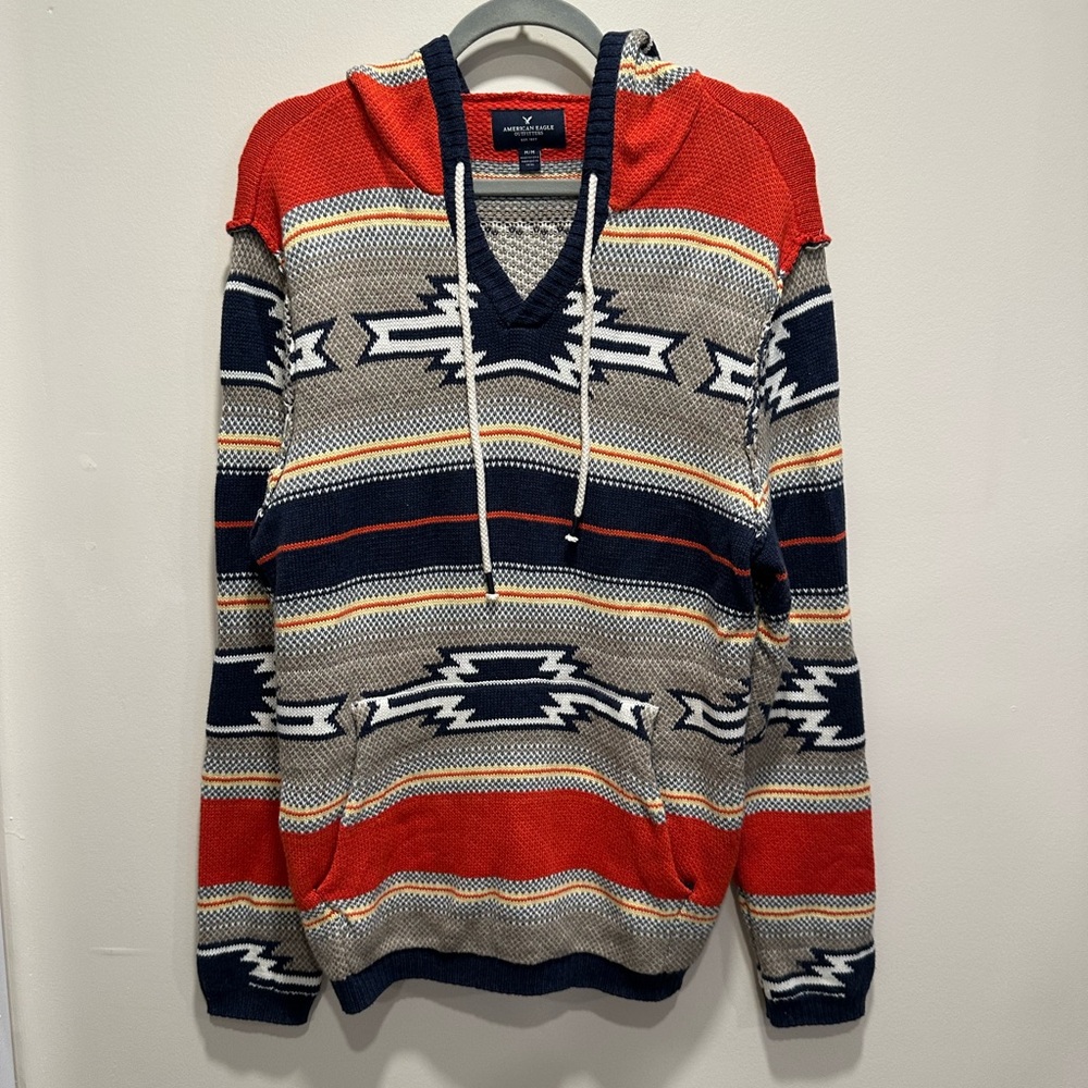 American Eagle Outfitters Red and Blue Patterned Cowl Sweater